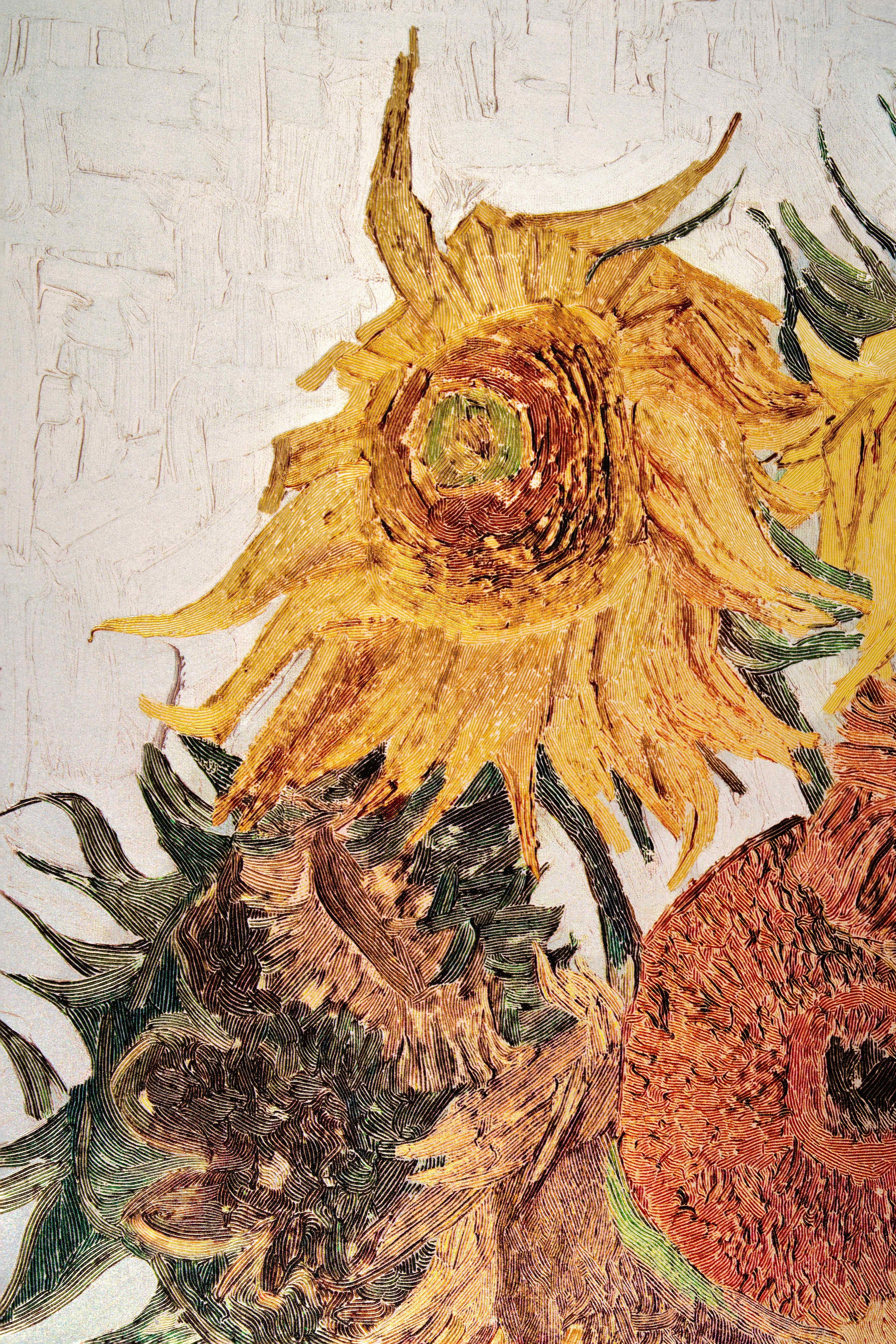 "Sunflowers" (1889) – Van Gogh Masterwork: .9999 Silver Intaglio Relief Wall Art