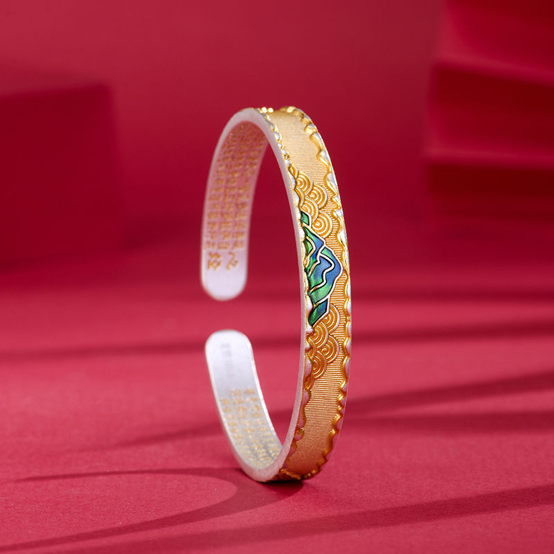Enamel Thousand Li Landscape Bangle – 999 Pure Silver Open Bracelet with Heart Sutra
