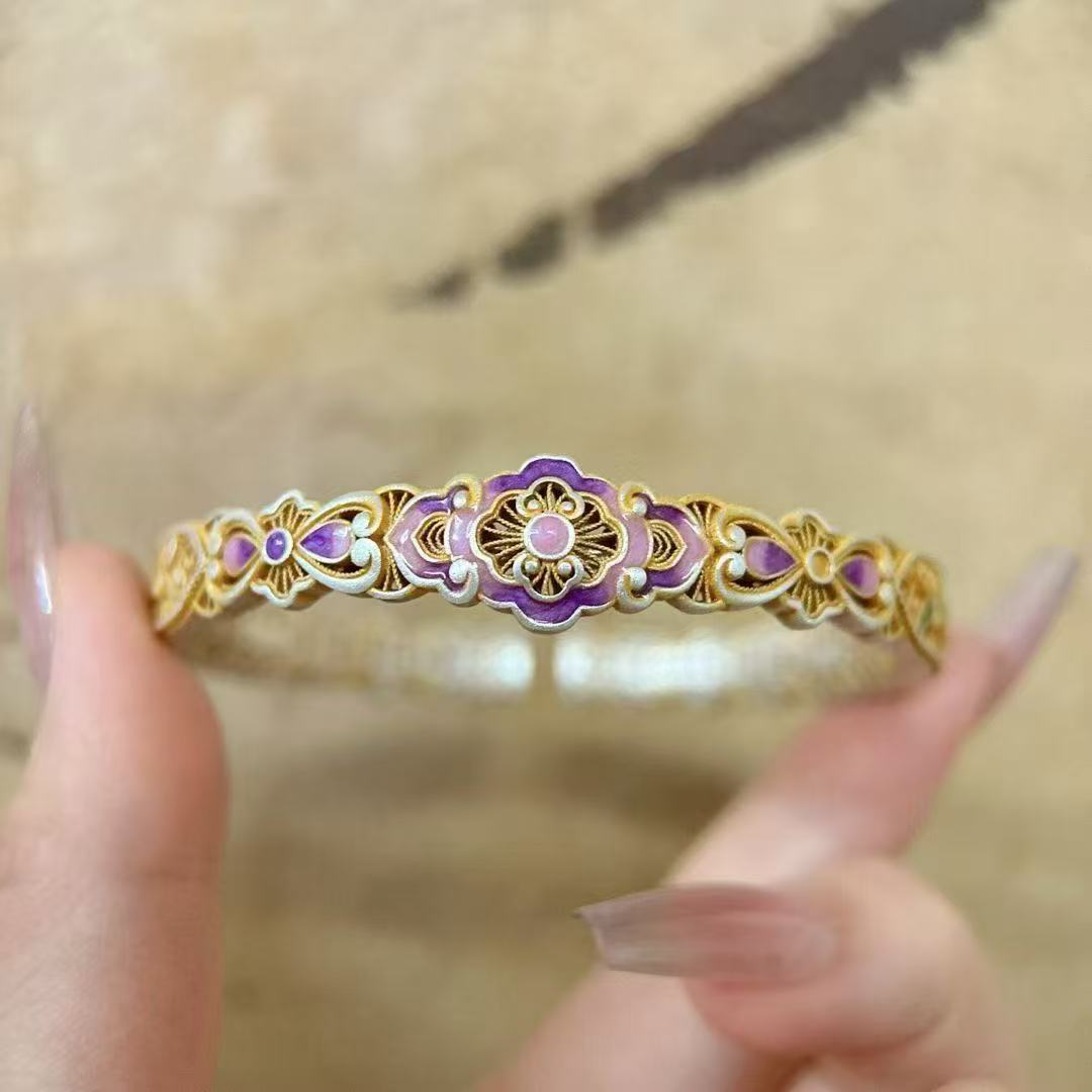 Purple Enamel Rose Open Bangle – 999 Pure Silver
