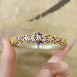 Purple Enamel Rose Open Bangle – 999 Pure Silver