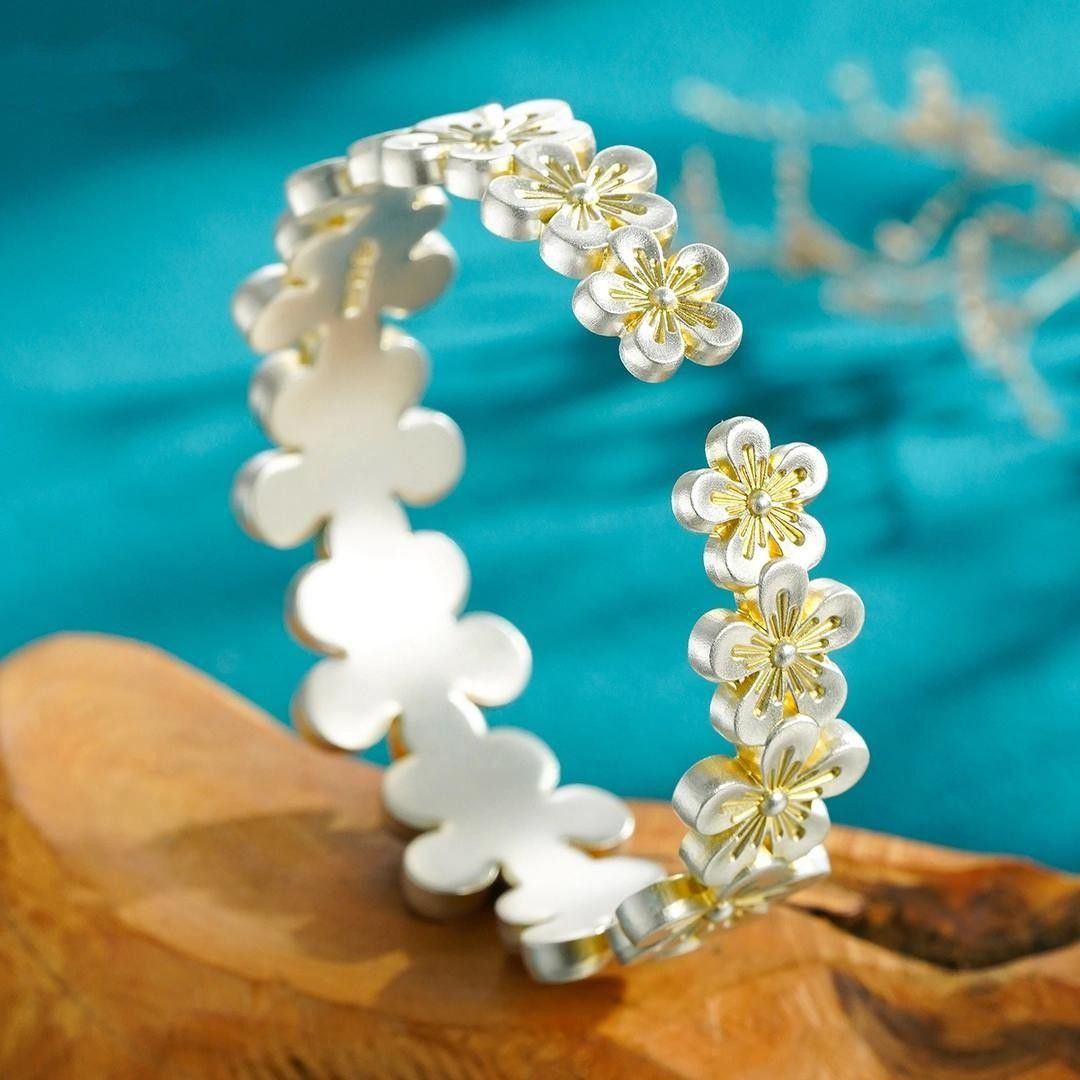 Handcrafted Enamel Peach Blossom Bracelet – Elegant Floral Jewelry in 999 Pure Silver
