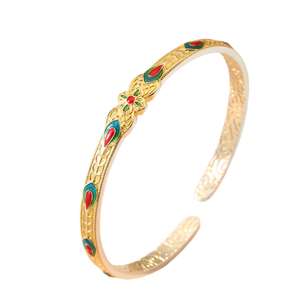 Enamel Four-Leaf Clover Open Adjustable Open Bracelet–999 Fine Silver