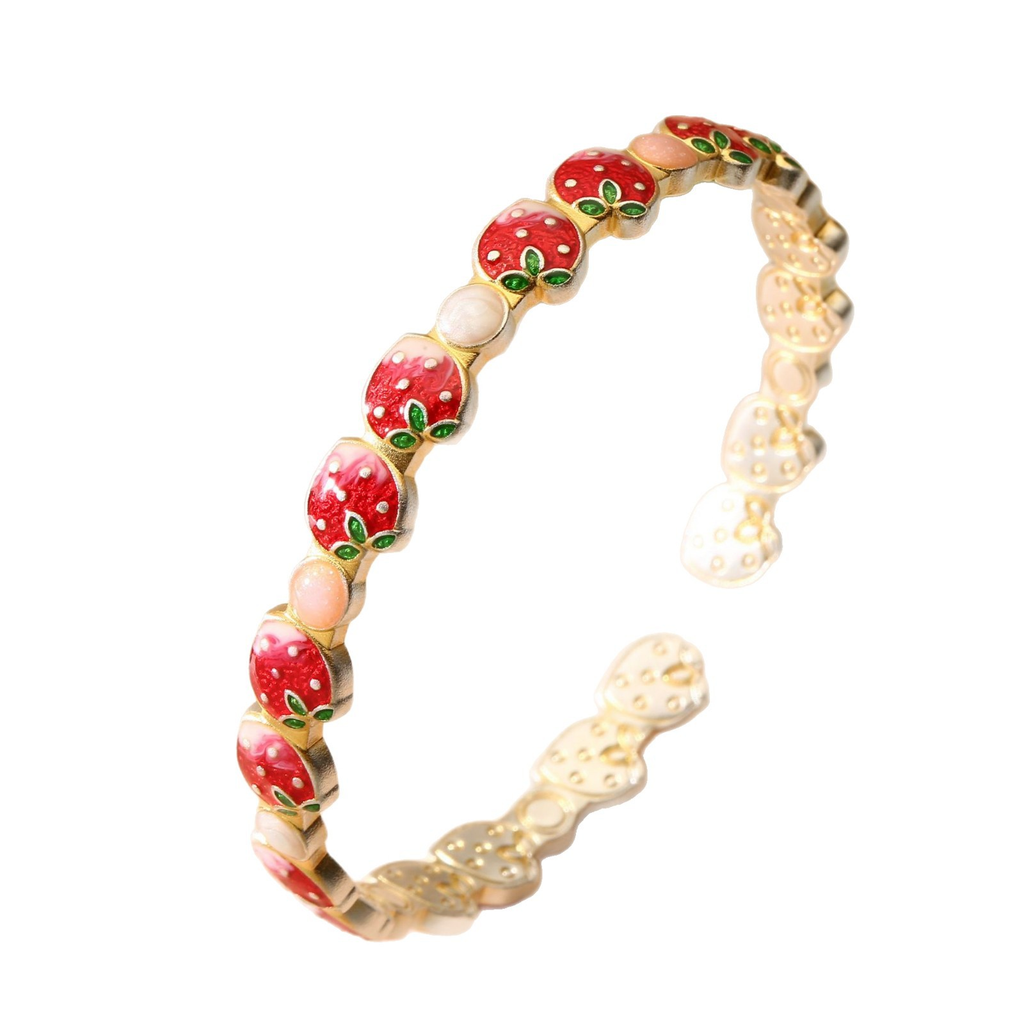 Handcrafted Cute Fruit Enamel Strawberry Open Bracelet – 999 Fine Silver