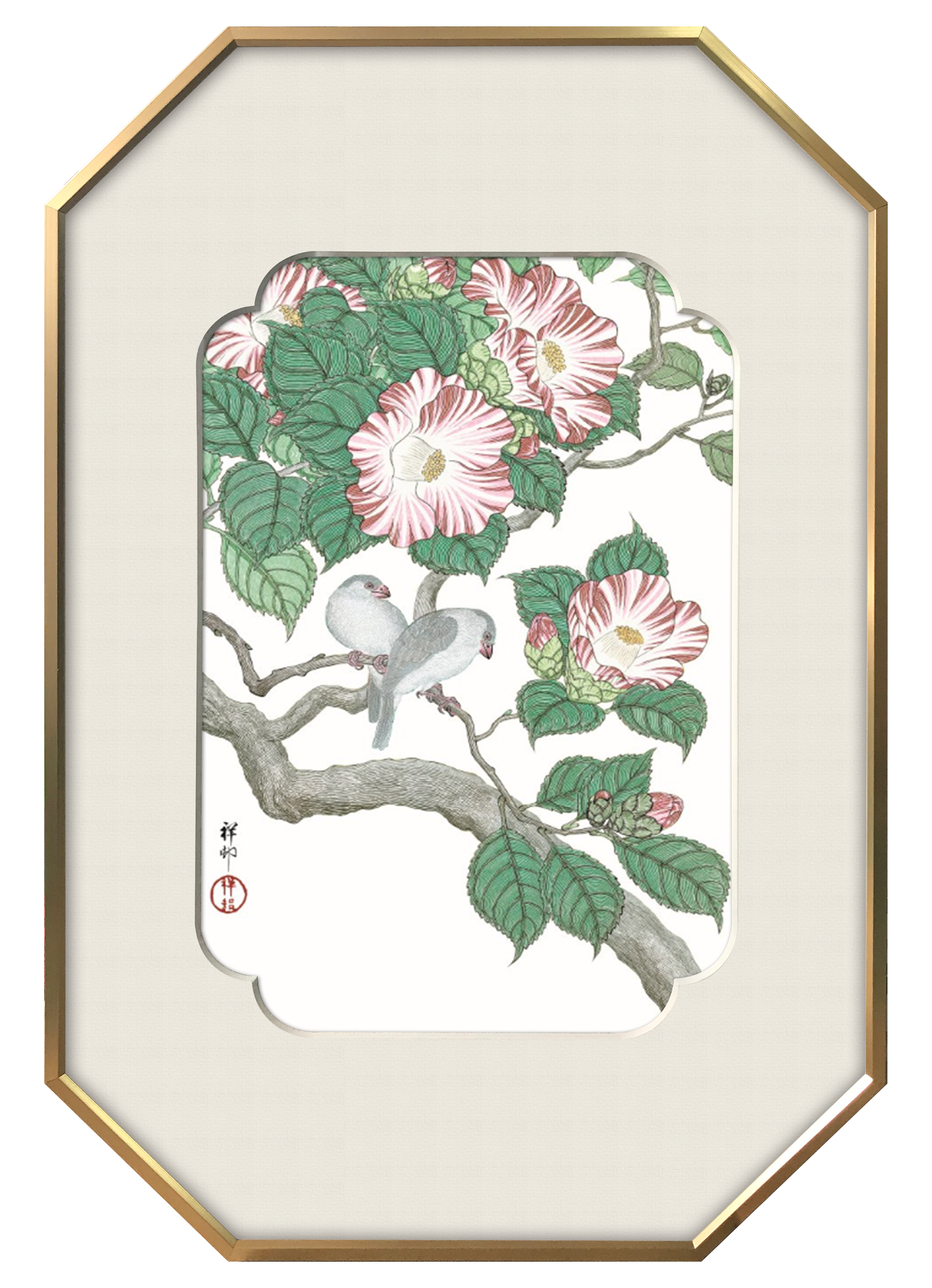 Camellia & Grey Birds Wall Art