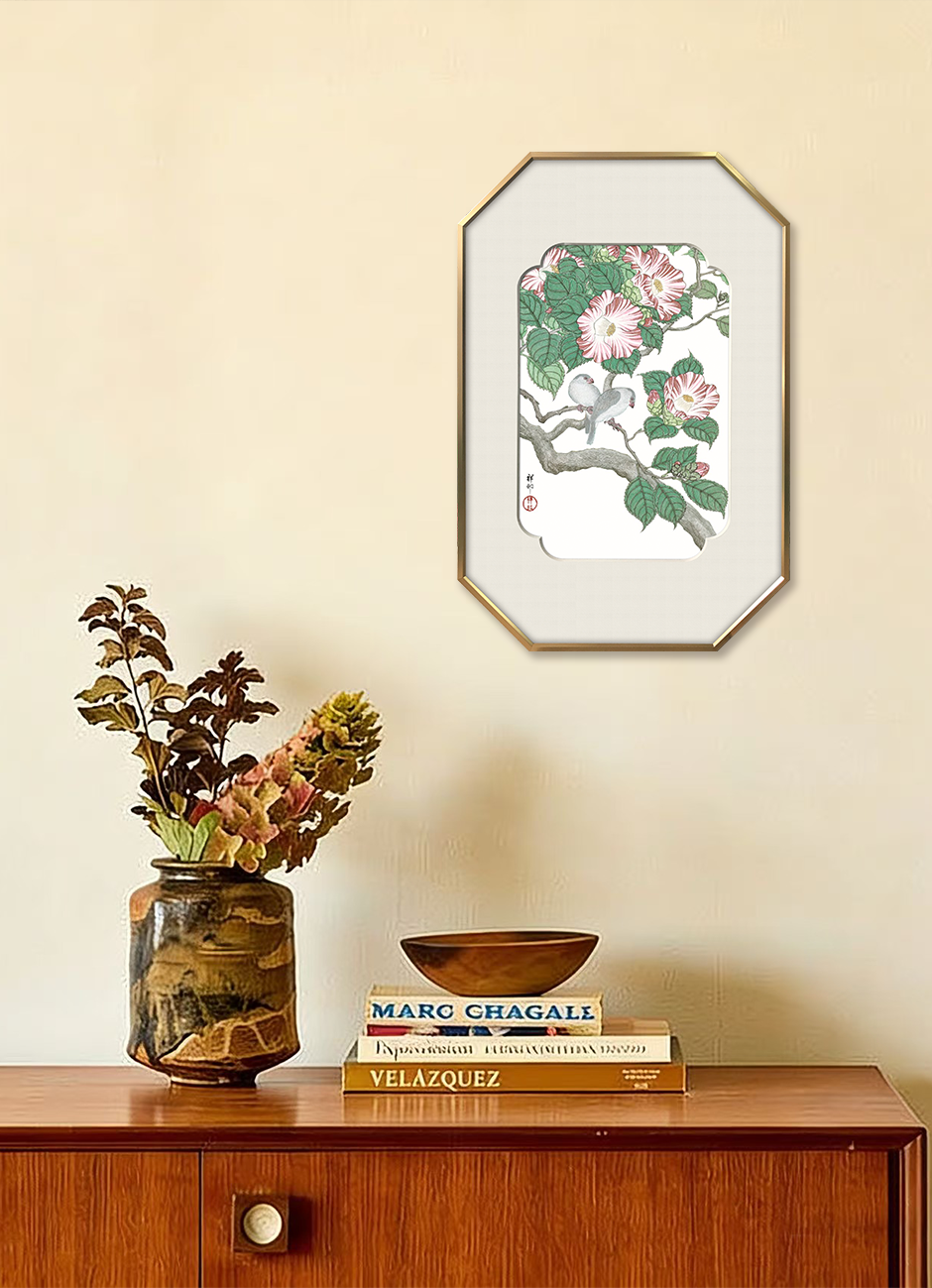 Camellia & Grey Birds Wall Art