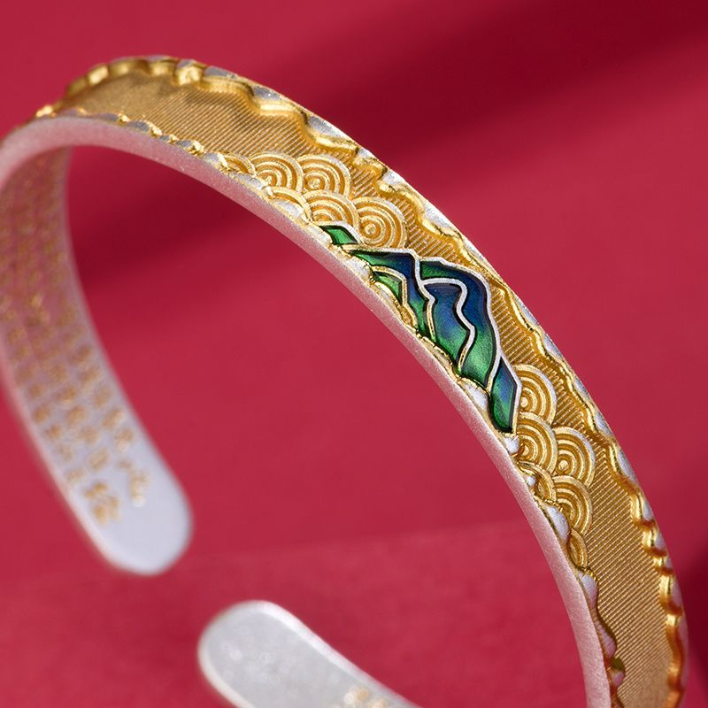 Enamel Thousand Li Landscape Bangle – 999 Pure Silver Open Bracelet with Heart Sutra