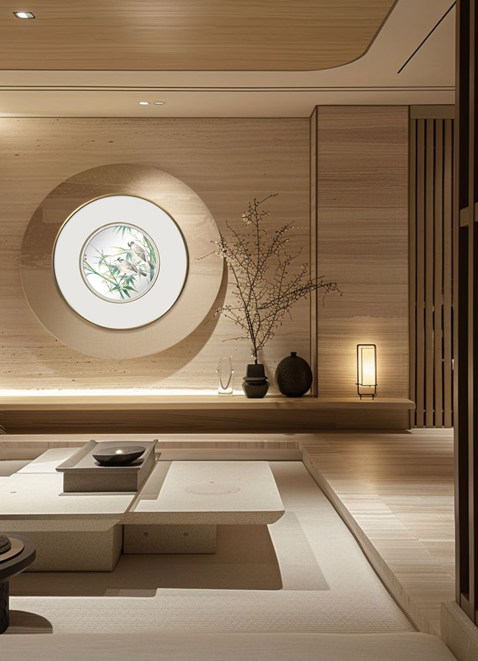 White-Headed Birds Among Bamboo Wall Art - Round