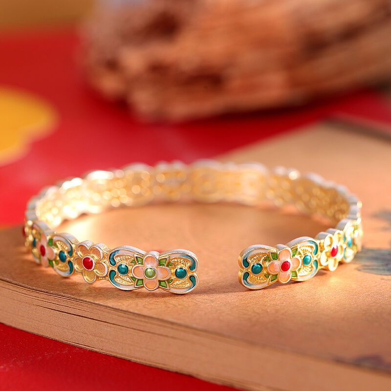 Handcrafted Chinese Cloisonné Floral Enamel Fan Flower Open  Bracelet–999 Pure Silver