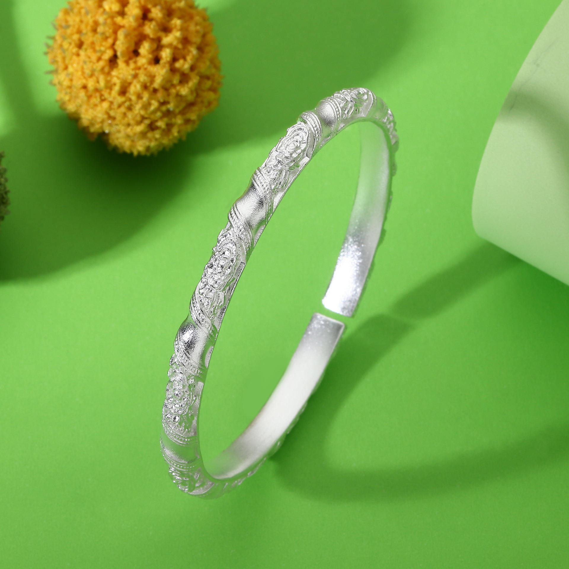 Peony Open Bangle Bracelet – Hand Engraved Floral Design, Adjustable 999 Fine Silver Jewelry