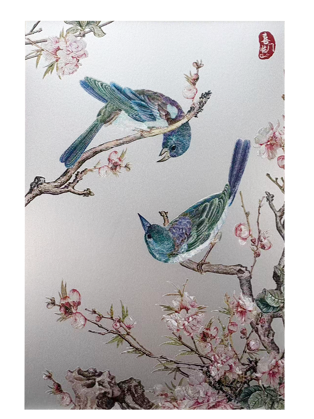 Two Kingfishers on Peach Blossom Branch Desk Art