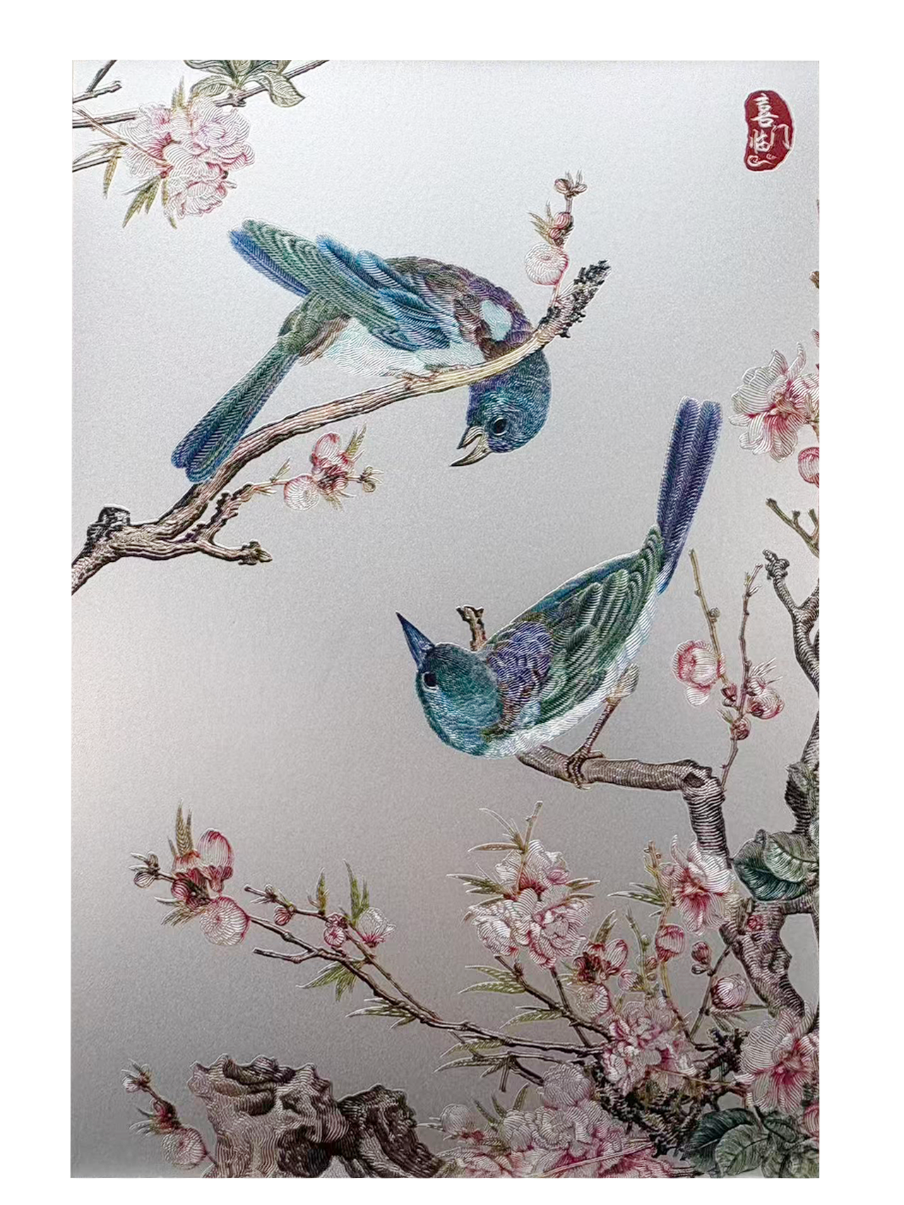 Two Kingfishers on Peach Blossom Branch Desk Art