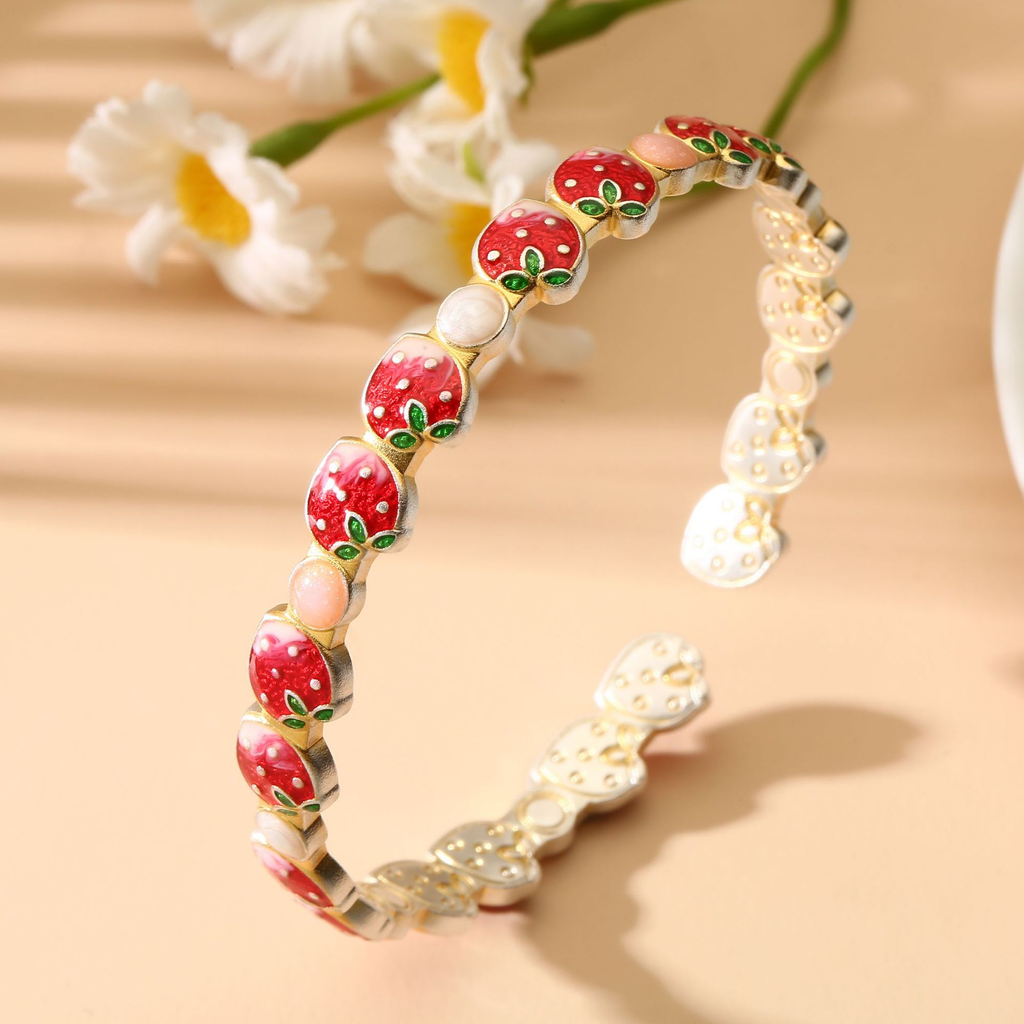 Handcrafted Cute Fruit Enamel Strawberry Open Bracelet – 999 Fine Silver