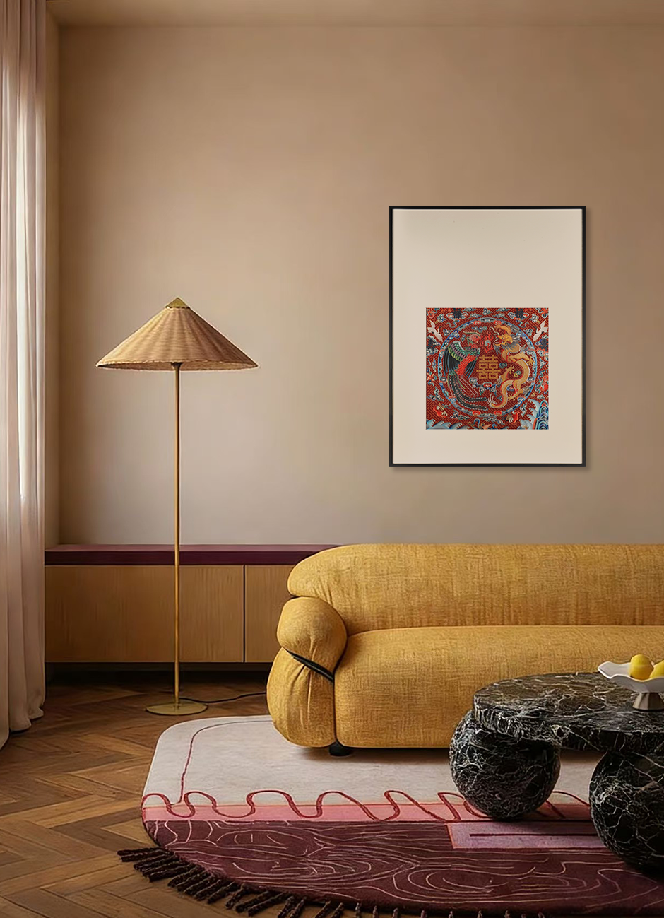 Golden Dragon & Colorful Phoenix with Double Happiness Wall Art
