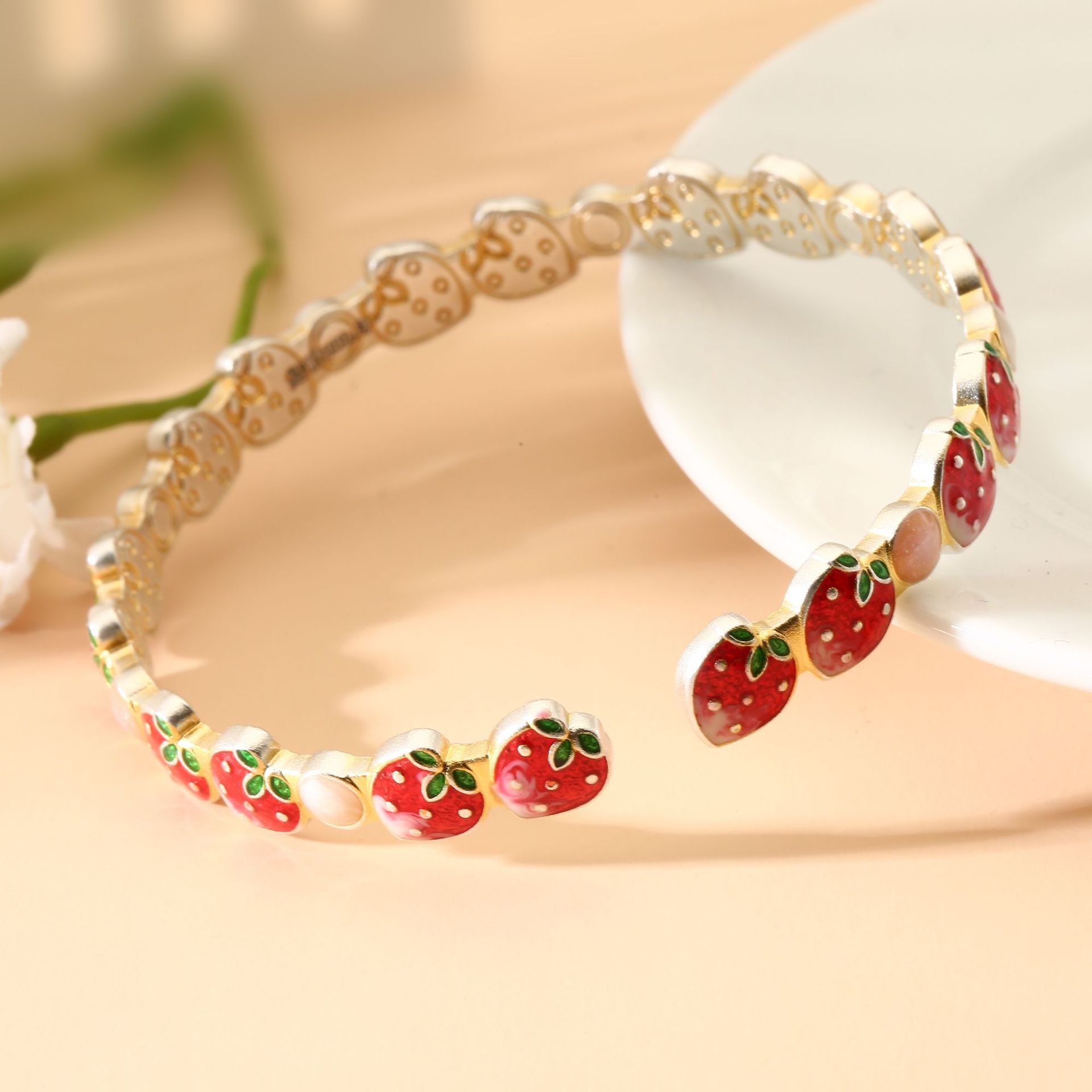 Handcrafted Cute Fruit Enamel Strawberry Open Bracelet – 999 Fine Silver