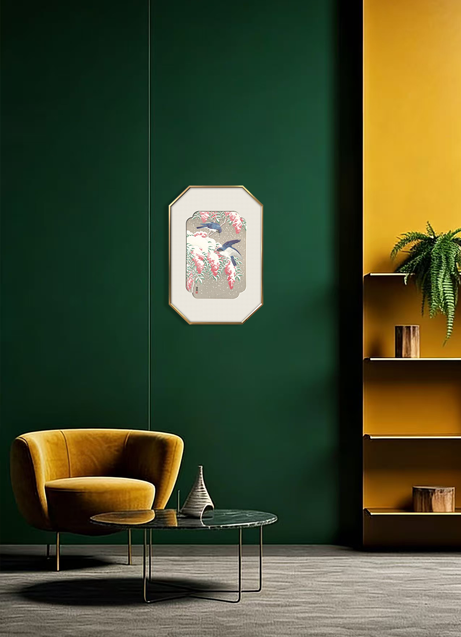 Orchids Bamboo And kingfisher Wall Art-Elegant octagonal frame