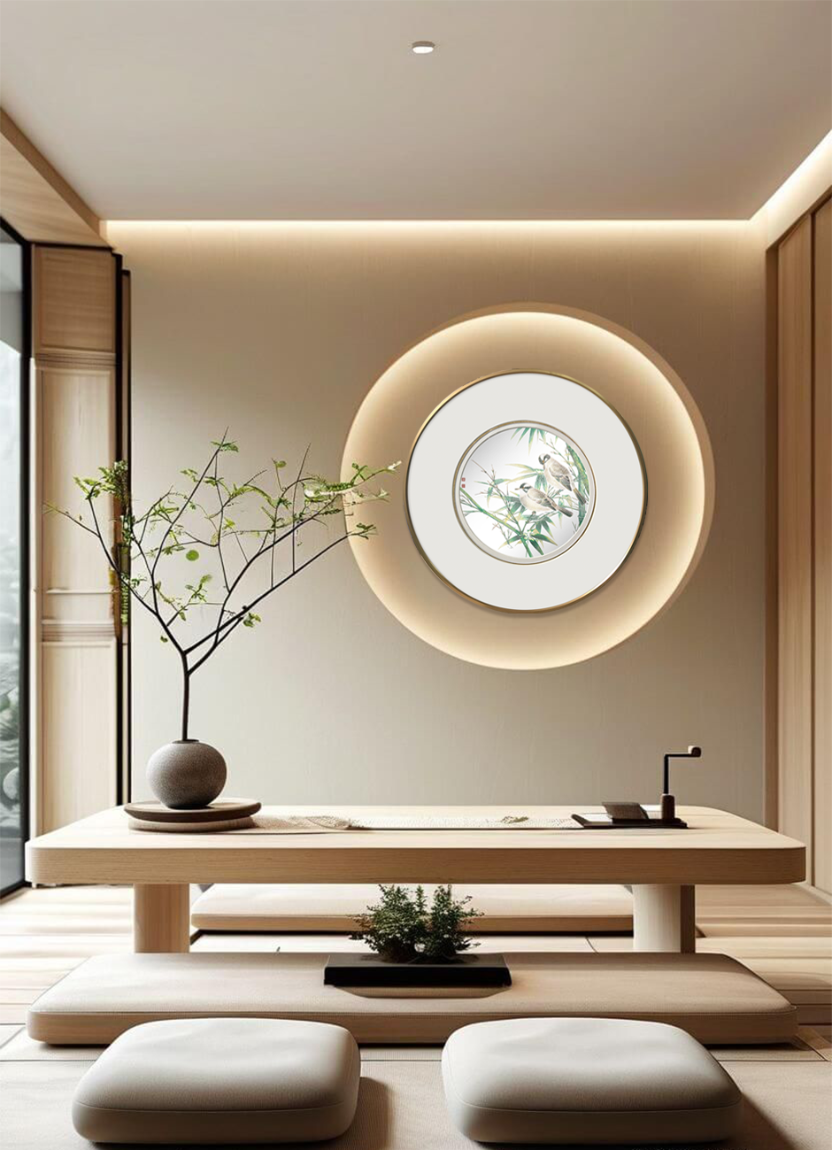 White-Headed Birds Among Bamboo Wall Art - Round