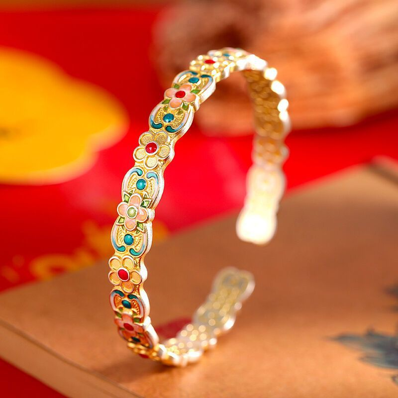 Handcrafted Chinese Cloisonné Floral Enamel Fan Flower Open  Bracelet–999 Pure Silver