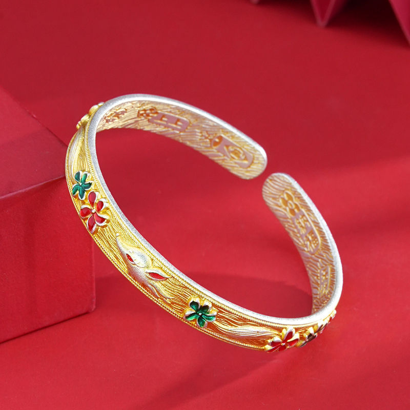 Enamel Gilded Peach Blossom Fox Open Bangle – 999.9 Fine Silver