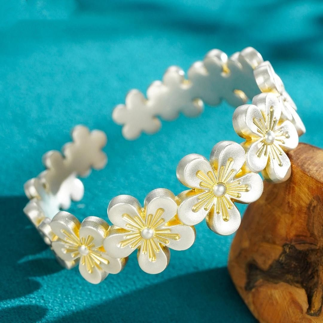 Handcrafted Enamel Peach Blossom Bracelet – Elegant Floral Jewelry in 999 Pure Silver