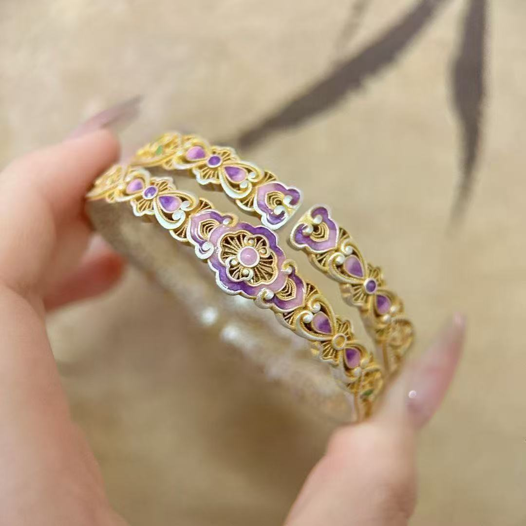 Purple Enamel Rose Open Bangle – 999 Pure Silver