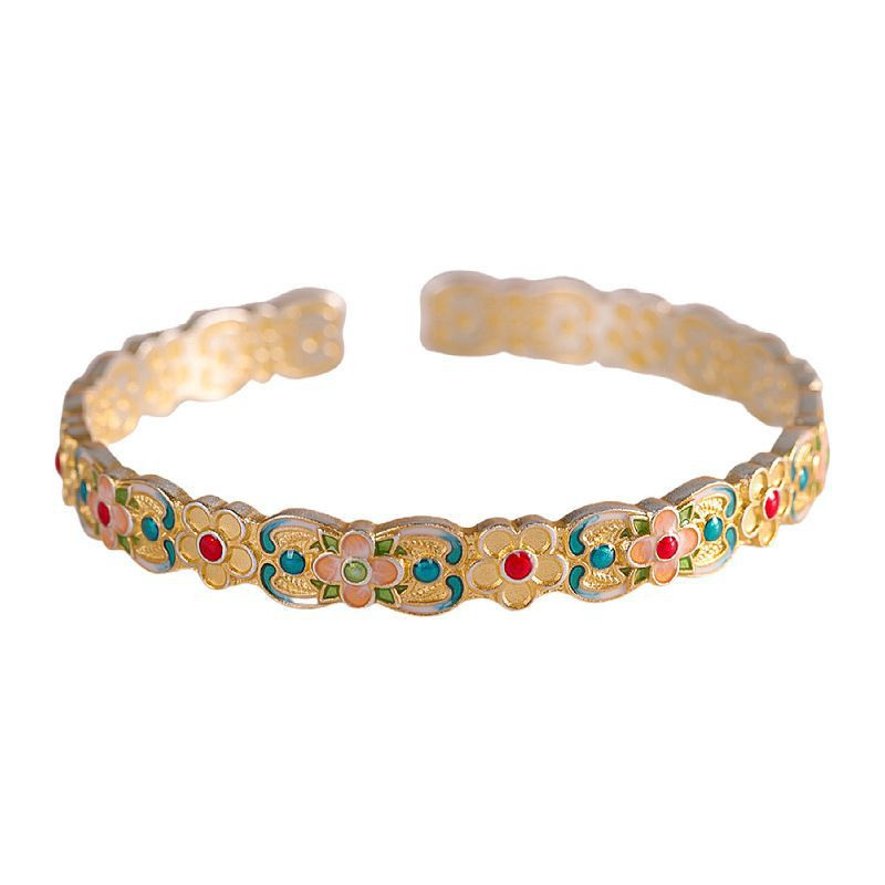 Handcrafted Chinese Cloisonné Floral Enamel Fan Flower Open  Bracelet–999 Pure Silver
