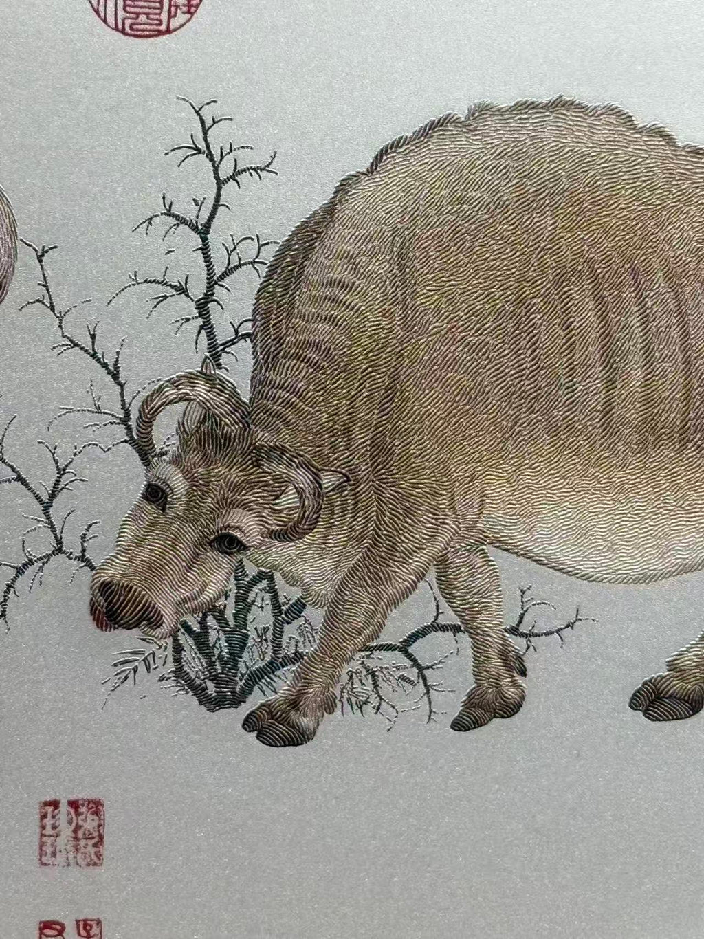 Five Oxen Painting （Wu Niu Tu） &Hong Yun Dang Tou Metal Frame Artwork