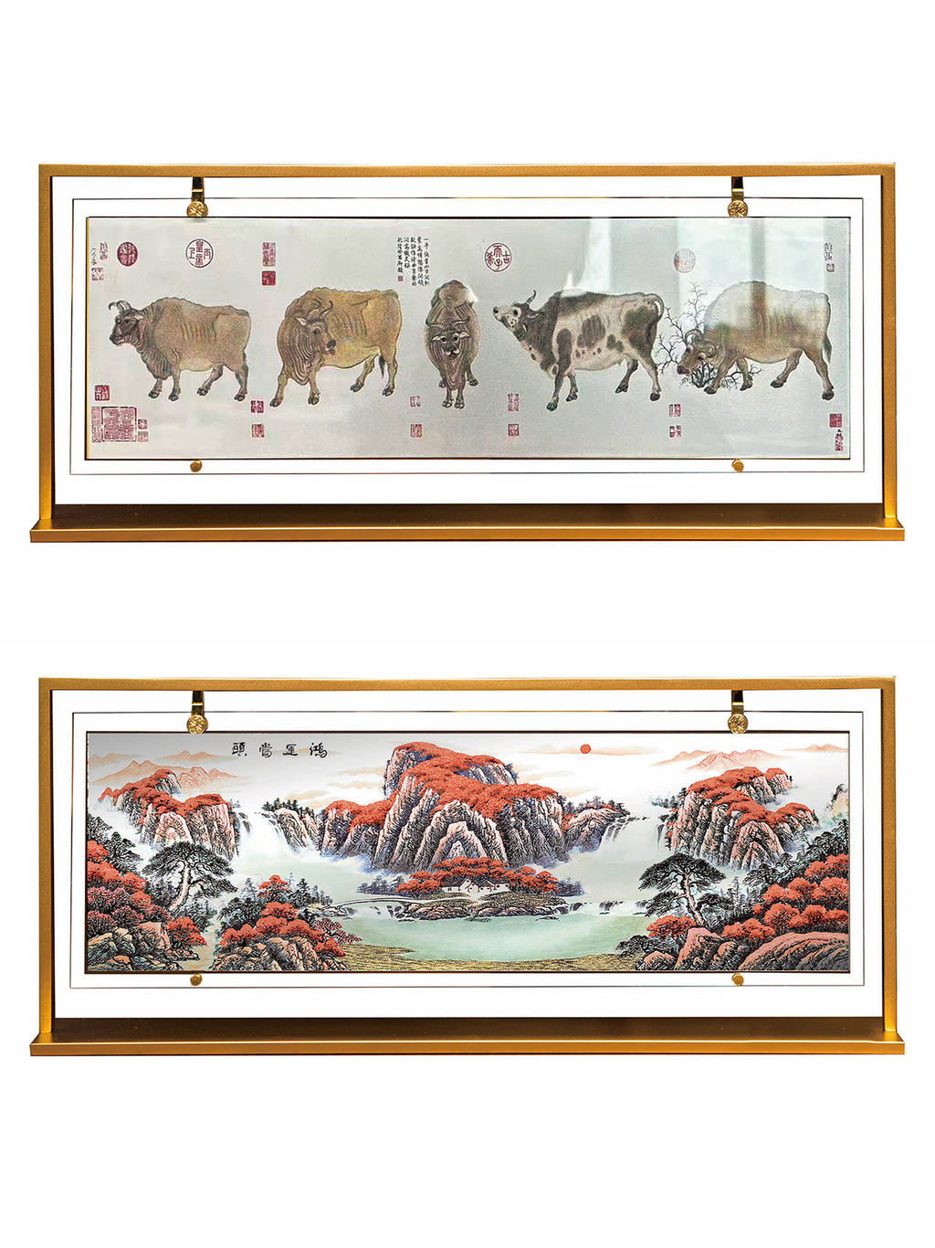 Five Oxen Painting （Wu Niu Tu） &Hong Yun Dang Tou Metal Frame Artwork