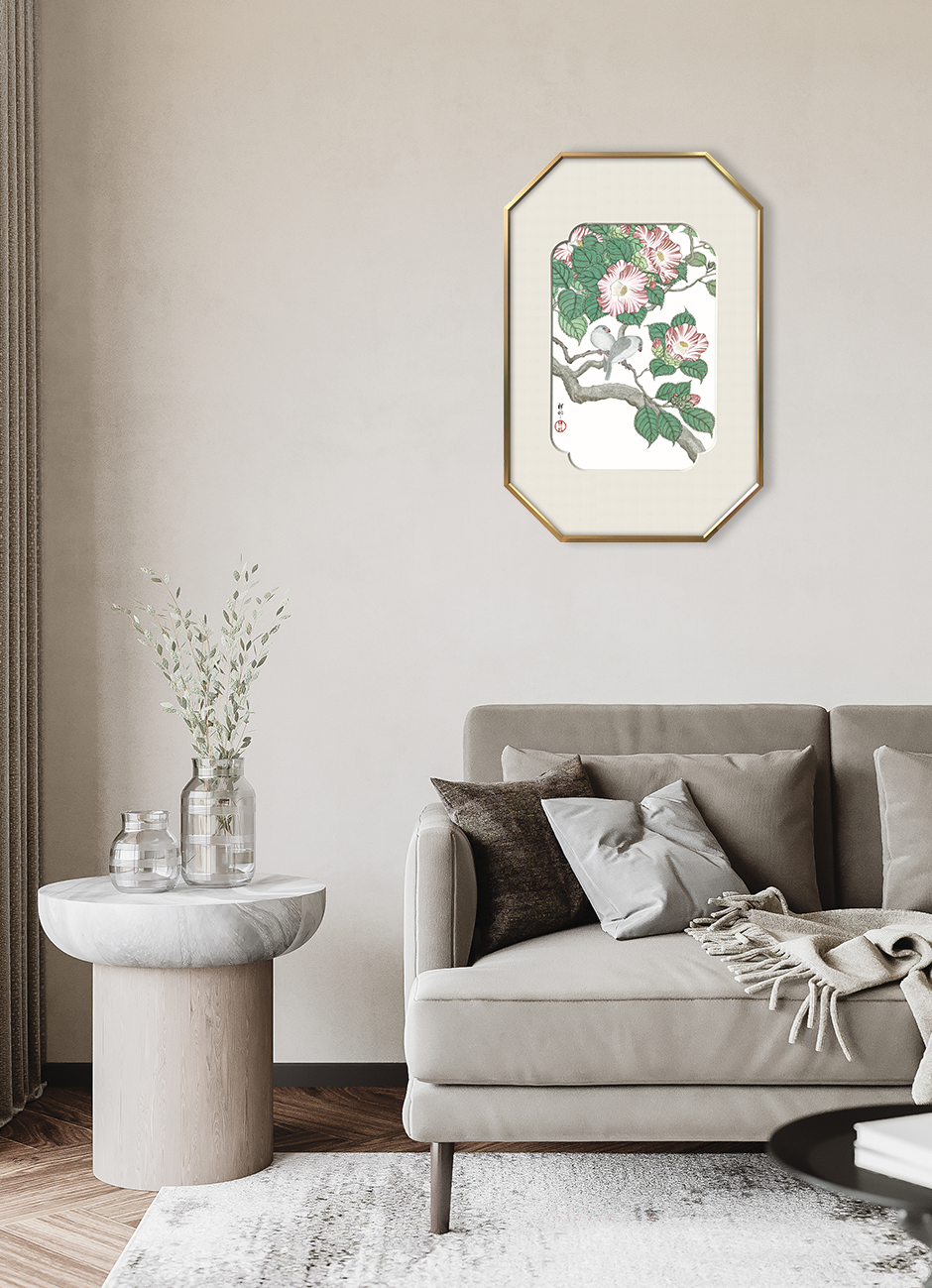Camellia & Grey Birds Wall Art