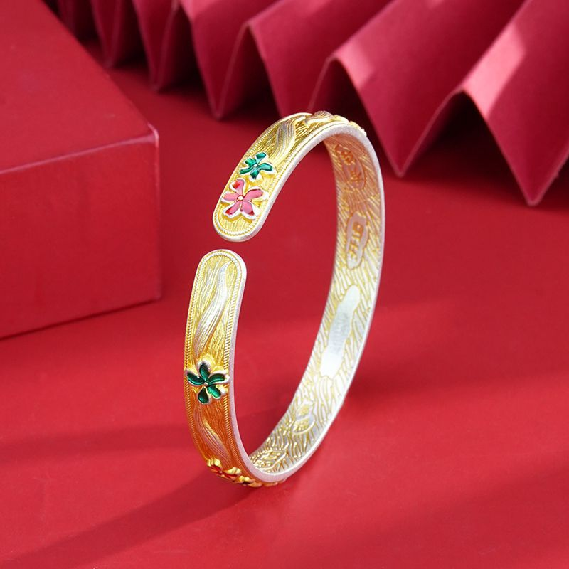 Enamel Gilded Peach Blossom Fox Open Bangle – 999.9 Fine Silver