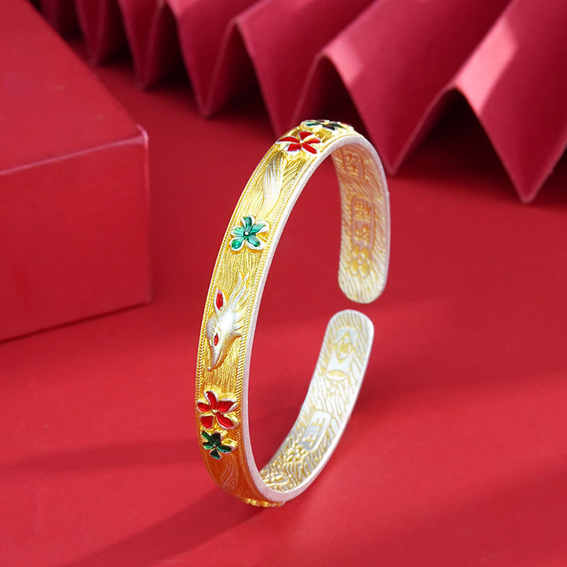 Enamel Gilded Peach Blossom Fox Open Bangle – 999.9 Fine Silver