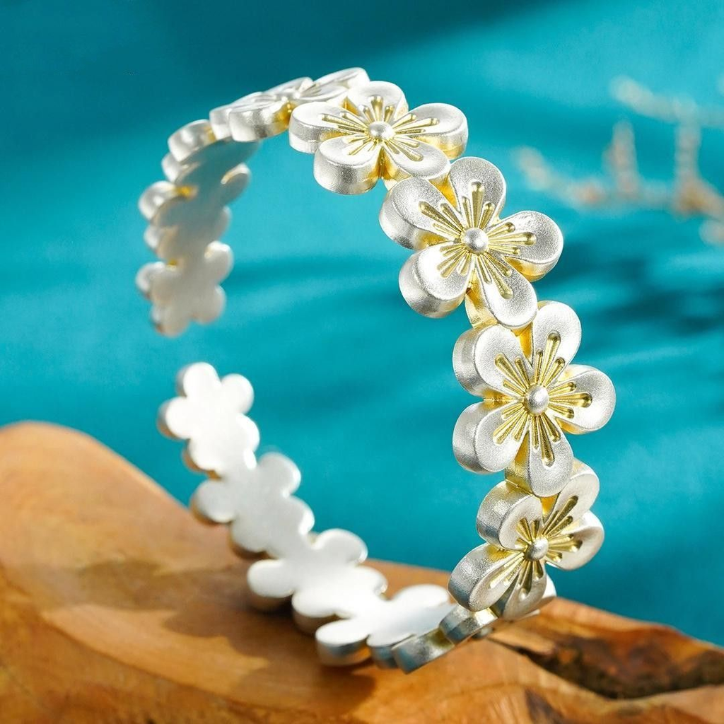 Handcrafted Enamel Peach Blossom Bracelet – Elegant Floral Jewelry in 999 Pure Silver