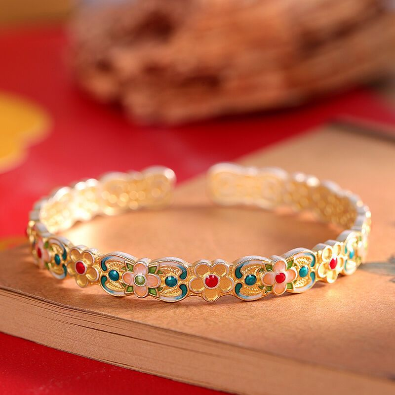 Handcrafted Chinese Cloisonné Floral Enamel Fan Flower Open  Bracelet–999 Pure Silver