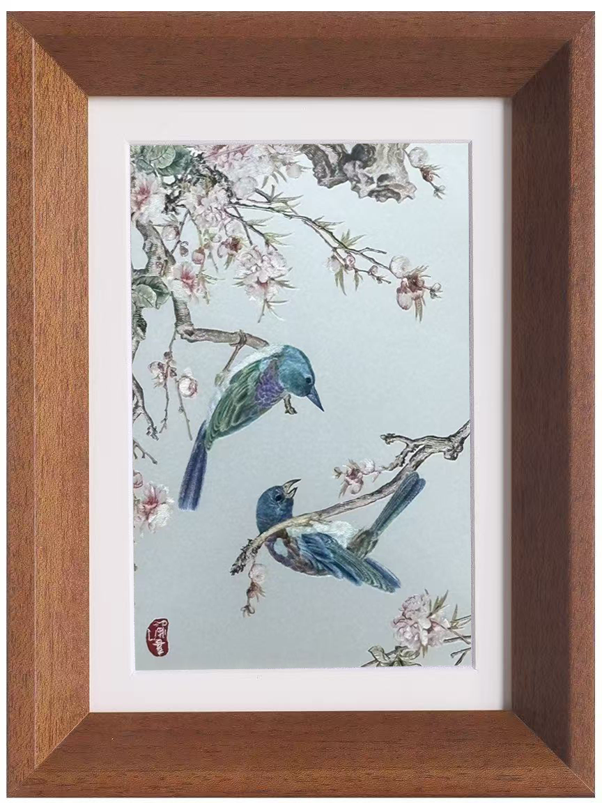 Two Kingfishers on Peach Blossom Branch Desk Art