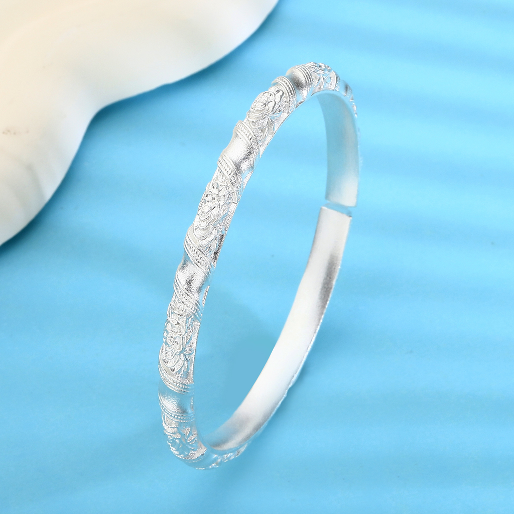Peony Open Bangle Bracelet – Hand Engraved Floral Design, Adjustable 999 Fine Silver Jewelry