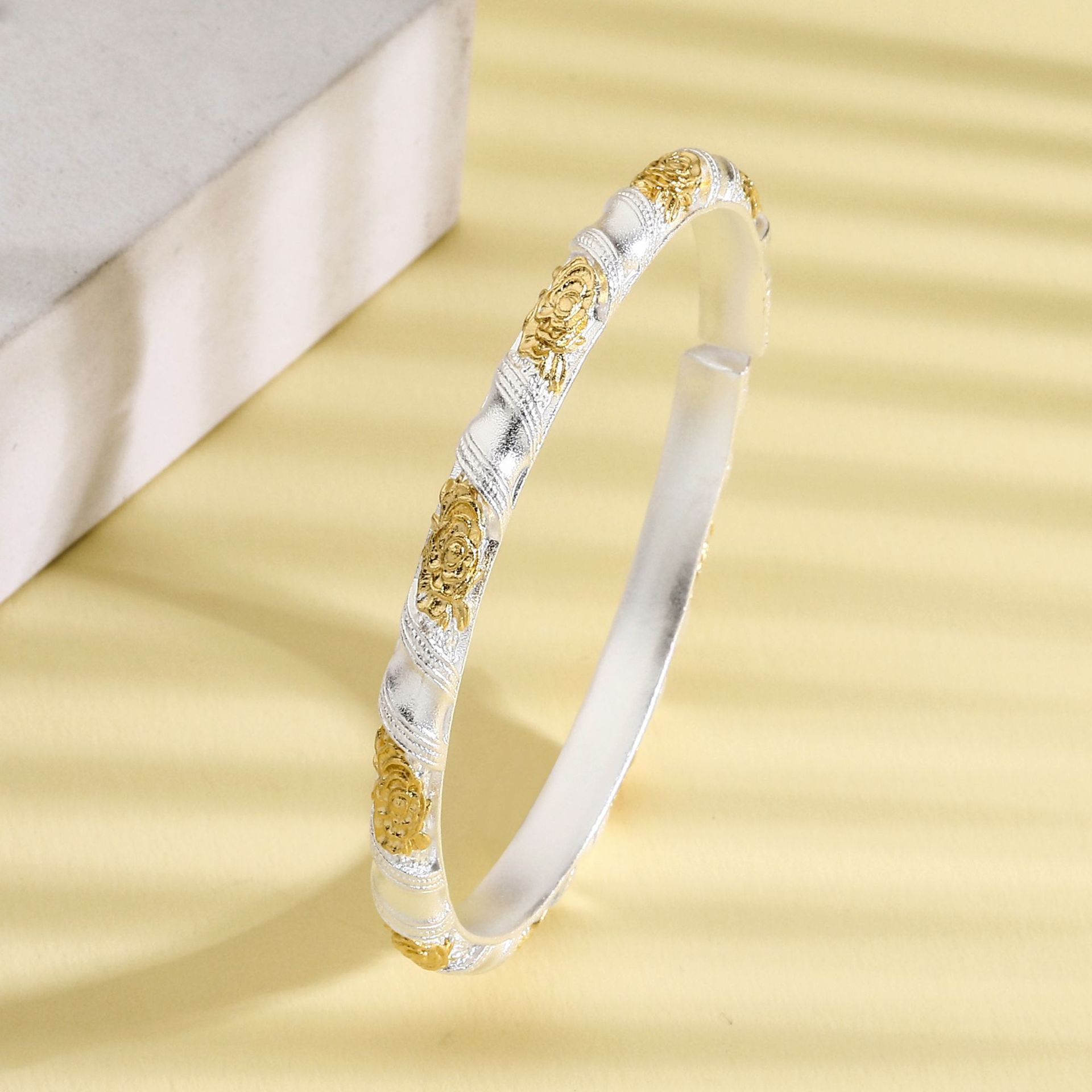 Peony Open Bangle Bracelet – Hand Engraved Floral Design, Adjustable 999 Fine Silver Jewelry
