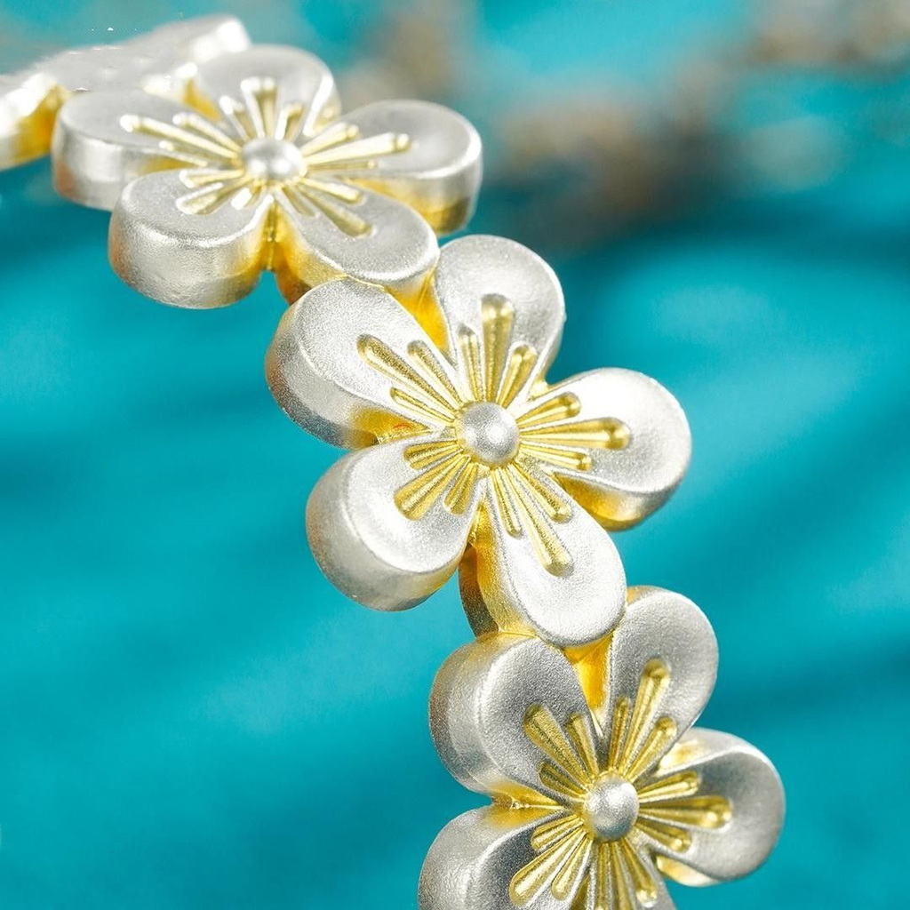Handcrafted Enamel Peach Blossom Bracelet – Elegant Floral Jewelry in 999 Pure Silver
