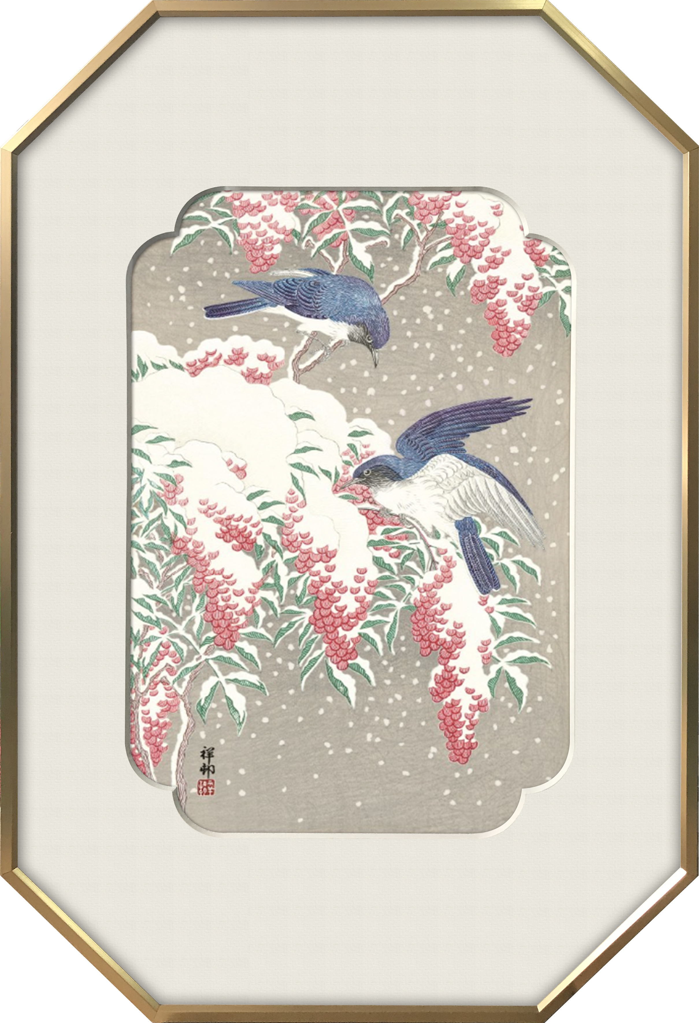 Orchids Bamboo And kingfisher Wall Art-Elegant octagonal frame