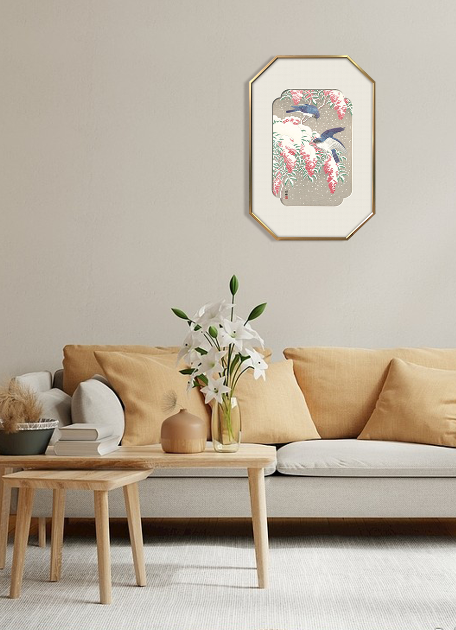 Orchids Bamboo And kingfisher Wall Art-Elegant octagonal frame