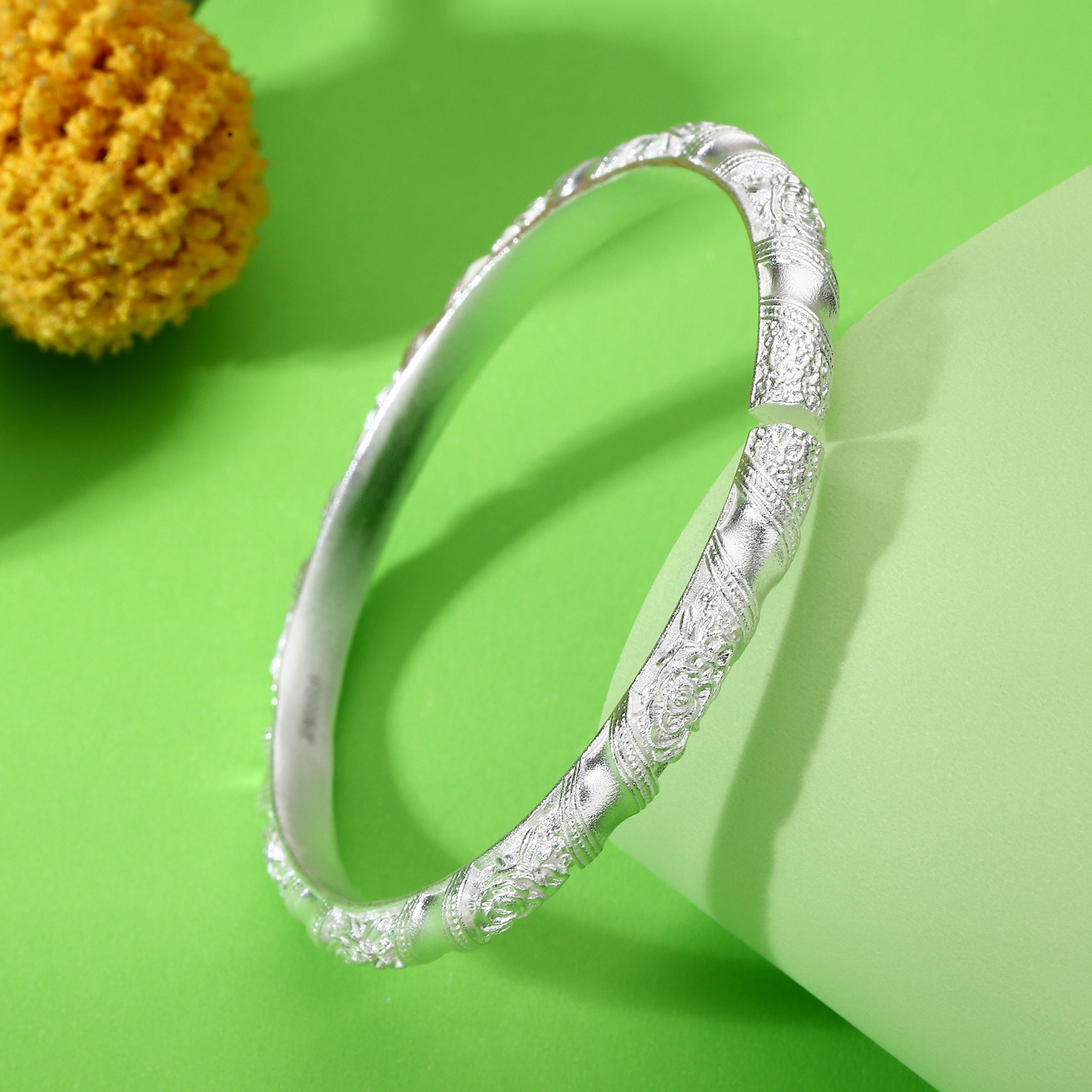 Peony Open Bangle Bracelet – Hand Engraved Floral Design, Adjustable 999 Fine Silver Jewelry