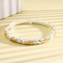 Peony Open Bangle Bracelet – Hand Engraved Floral Design, Adjustable 999 Fine Silver Jewelry