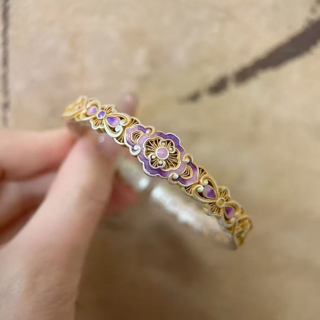 Purple Enamel Rose Open Bangle – 999 Pure Silver