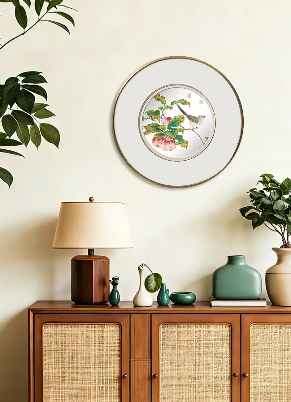 Apple & Mountain Birds Wall Art - Round