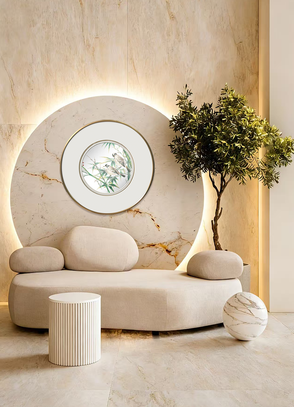 White-Headed Birds Among Bamboo Wall Art - Round