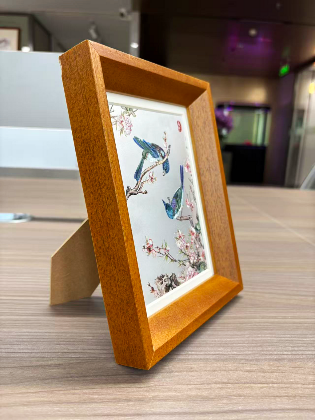 Two Kingfishers on Peach Blossom Branch Desk Art