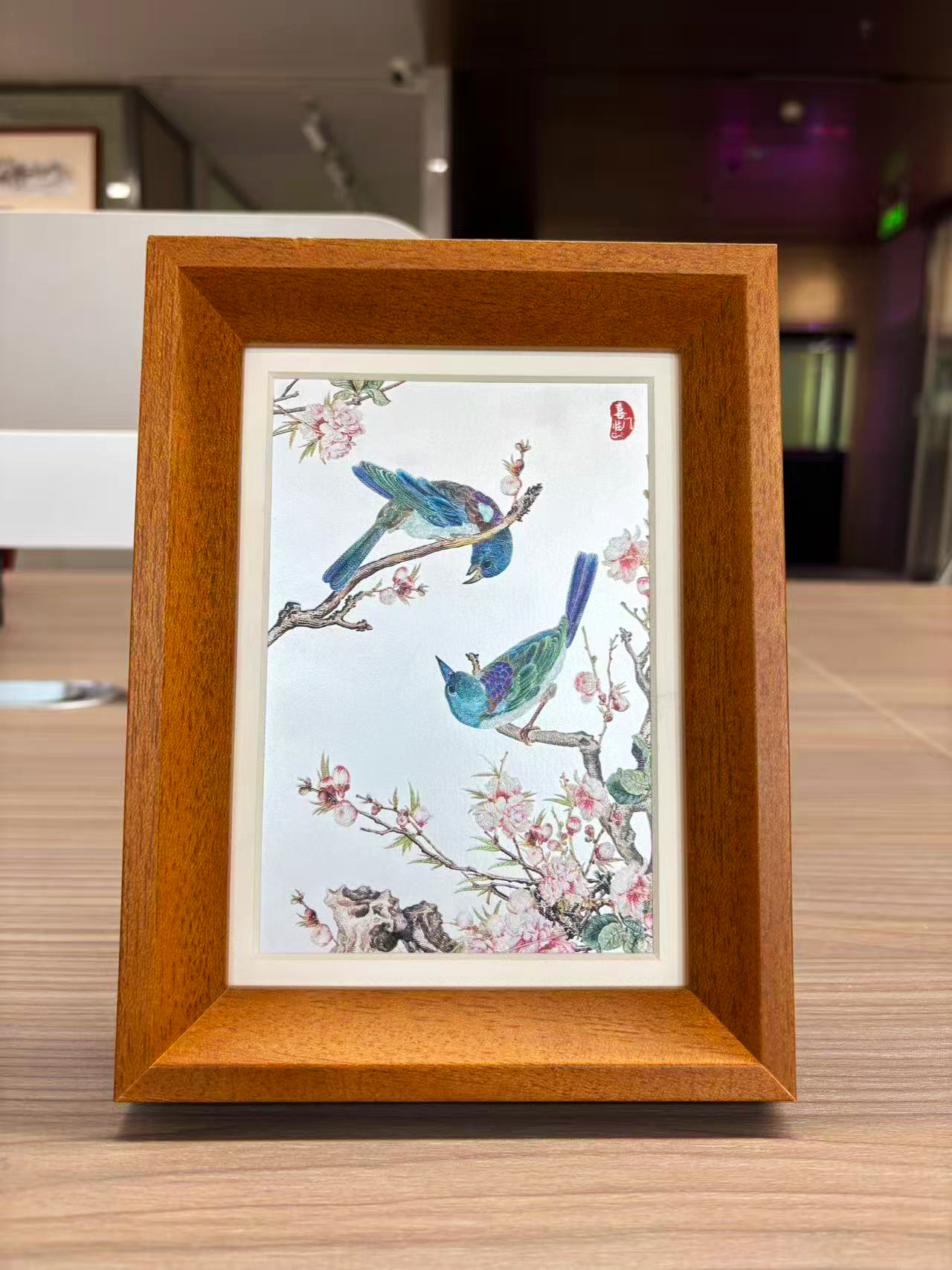 Two Kingfishers on Peach Blossom Branch Desk Art