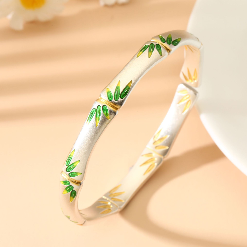 Bamboo Enamel Open Bangle – Handcrafted Chinese Style Bracelet-999 Sterling Silver