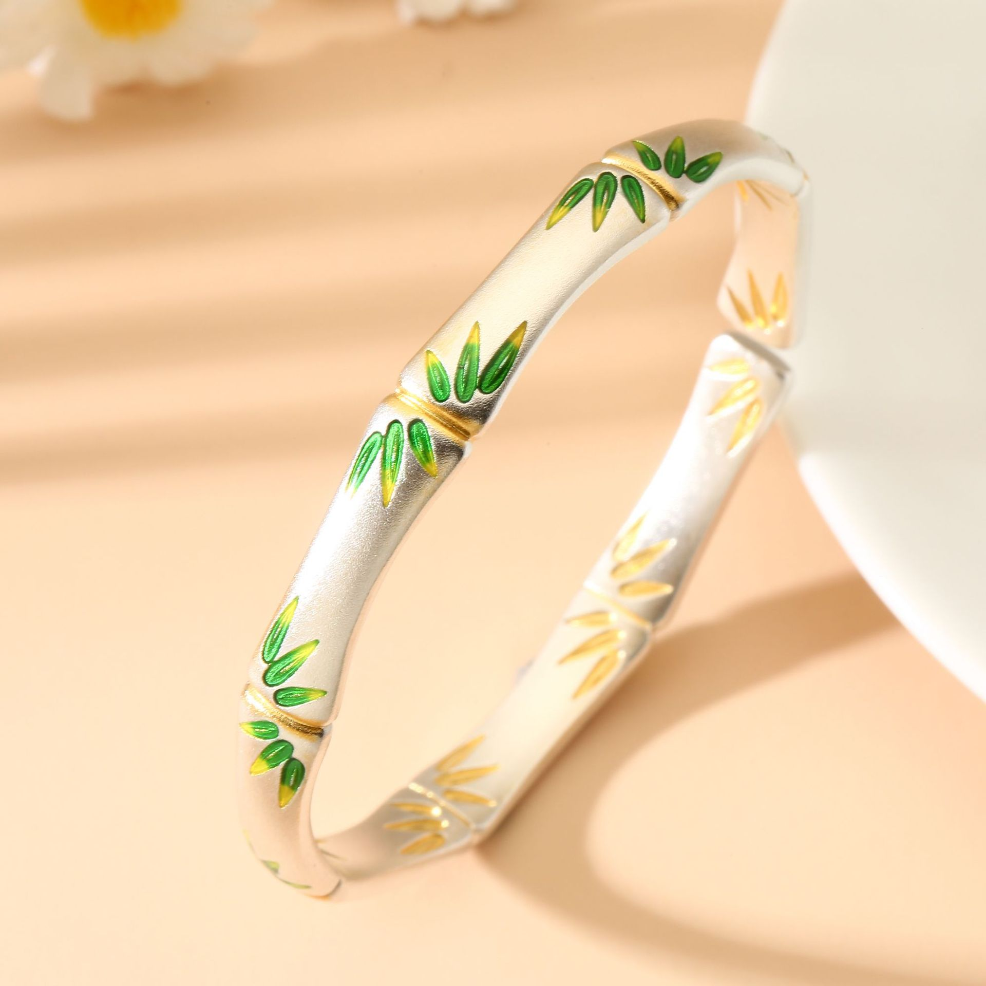 Bamboo Enamel Open Bangle – Handcrafted Chinese Style Bracelet-999 Sterling Silver