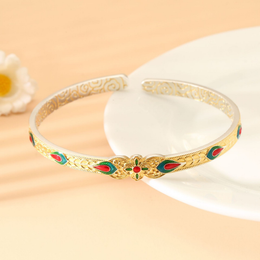 Enamel Four-Leaf Clover Open Adjustable Open Bracelet–999 Fine Silver