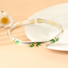 Bamboo Enamel Open Bangle – Handcrafted Chinese Style Bracelet-999 Sterling Silver