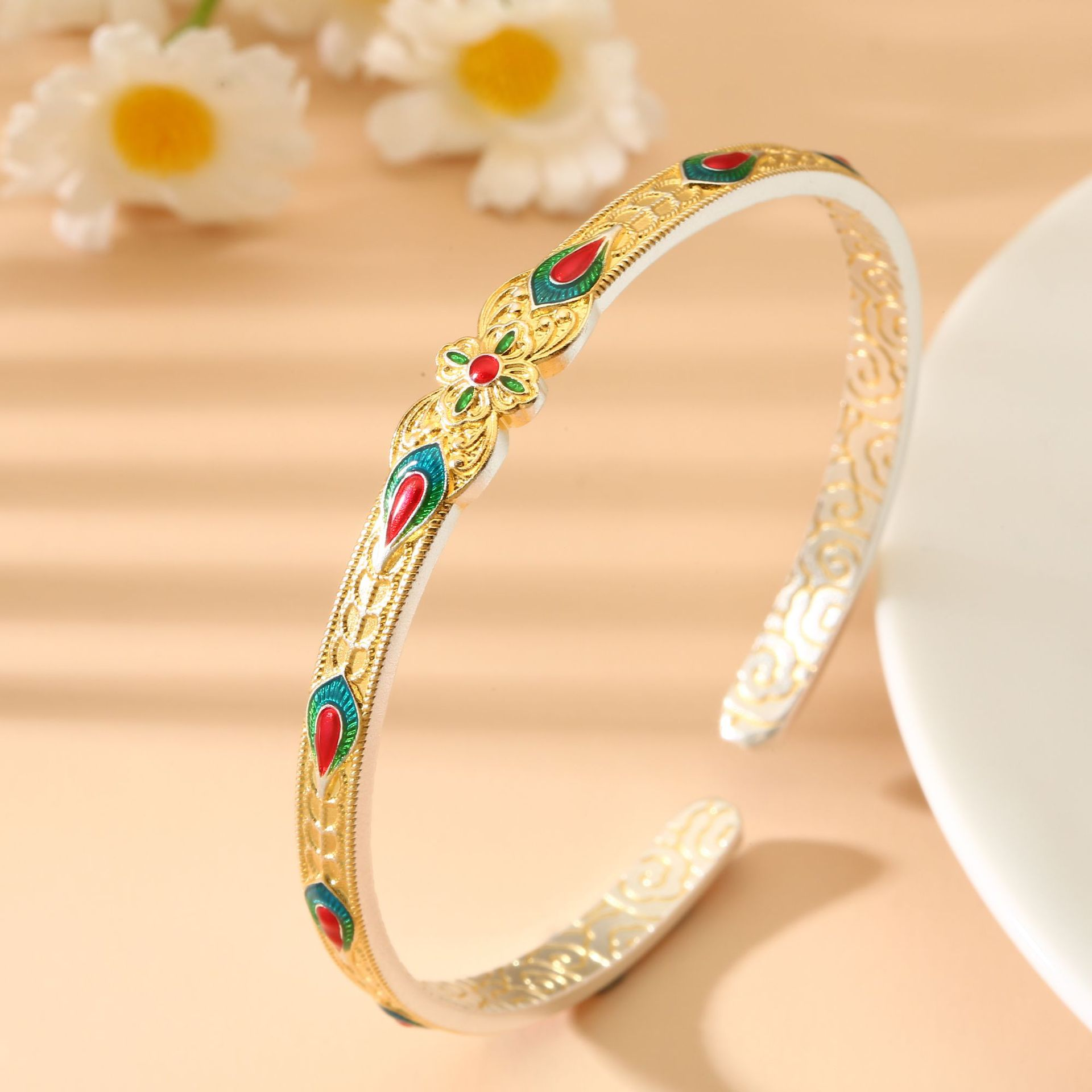 Enamel Four-Leaf Clover Open Adjustable Open Bracelet–999 Fine Silver